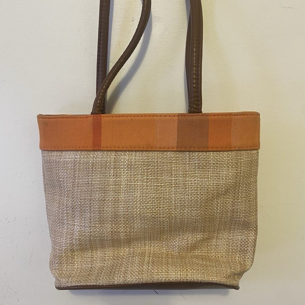 VTG Y2K 00’s Bueno Leather Canvas Woven Straw Shoulder Tote Bag Beige Brown - Picture 8 of 9